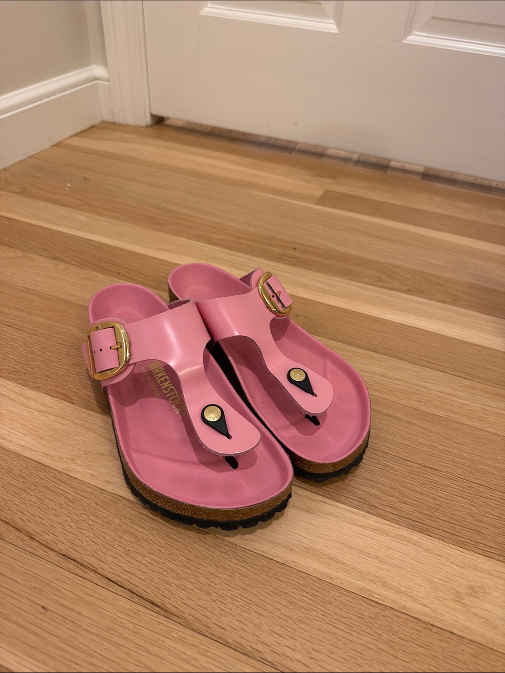 Birkenstock Pink Toe-Post Sandals with big Gold Buckles
